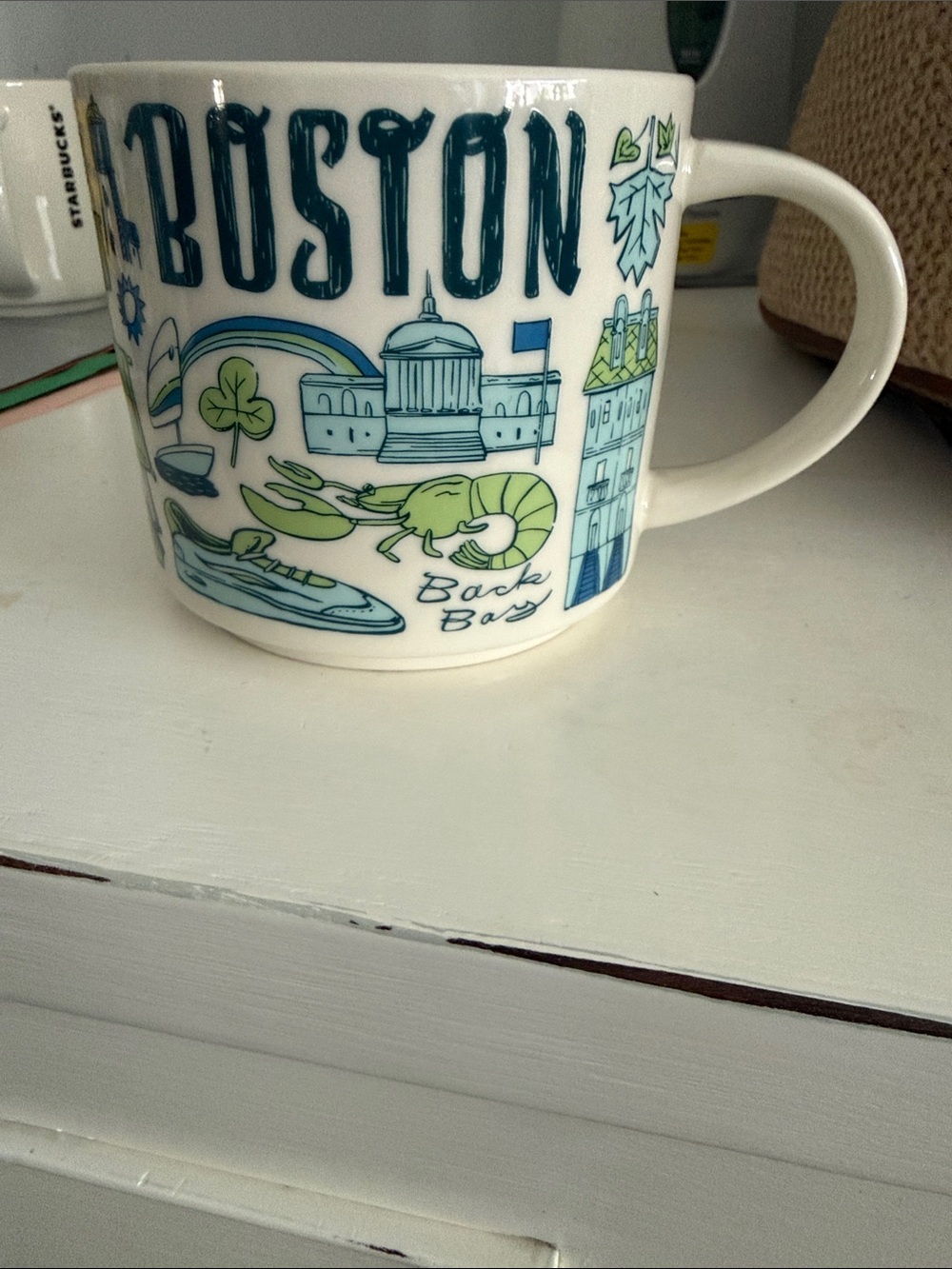 Starbucks White Mug with Blue & Green Boston Illustration